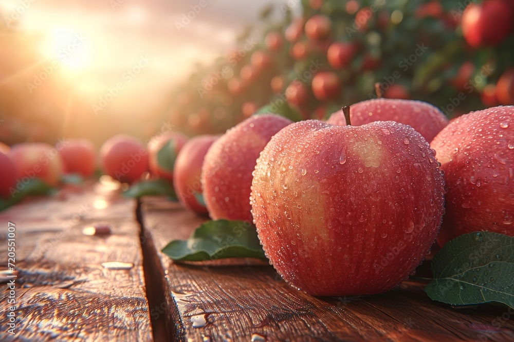 Aufkleber a group of ripe apples arranged neatly on top of a wooden table.