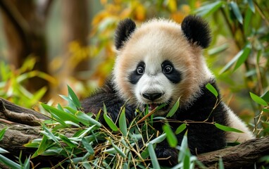panda cub eating a bamboo