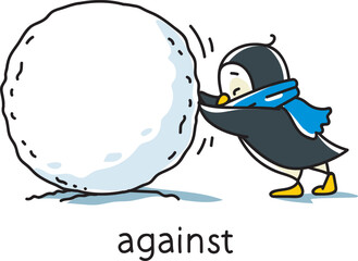 Preposition of place. Penguin against the snowball