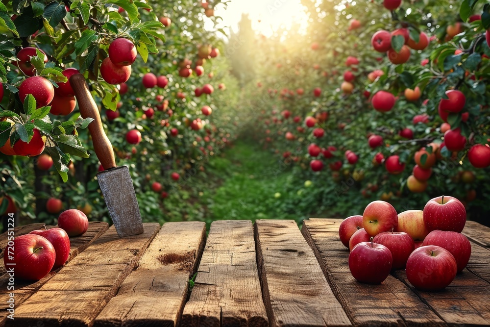 Poster a wooden table is covered with numerous red apples in sunny garden, creating a visually striking dis