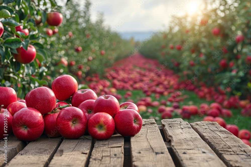 Poster a group of ripe red apples arranged on a sturdy wooden table in summer garden