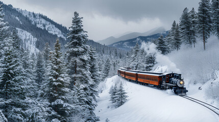 An old-fashioned passenger train traveling through a snowy mountain pass.