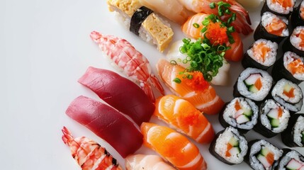 Top down shot of an exquisite Sushi Platter on a clean white background