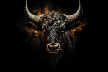 Naklejka premium Black Camargue bull face portrait on a black isolated background