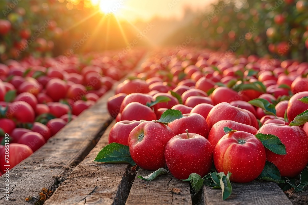 Poster a group of bright red apples are neatly arranged on top of a sturdy wooden table.