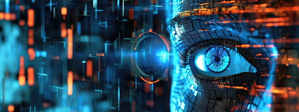 Poster the futuristic integration of artificial intelligence in a robotic entity.
