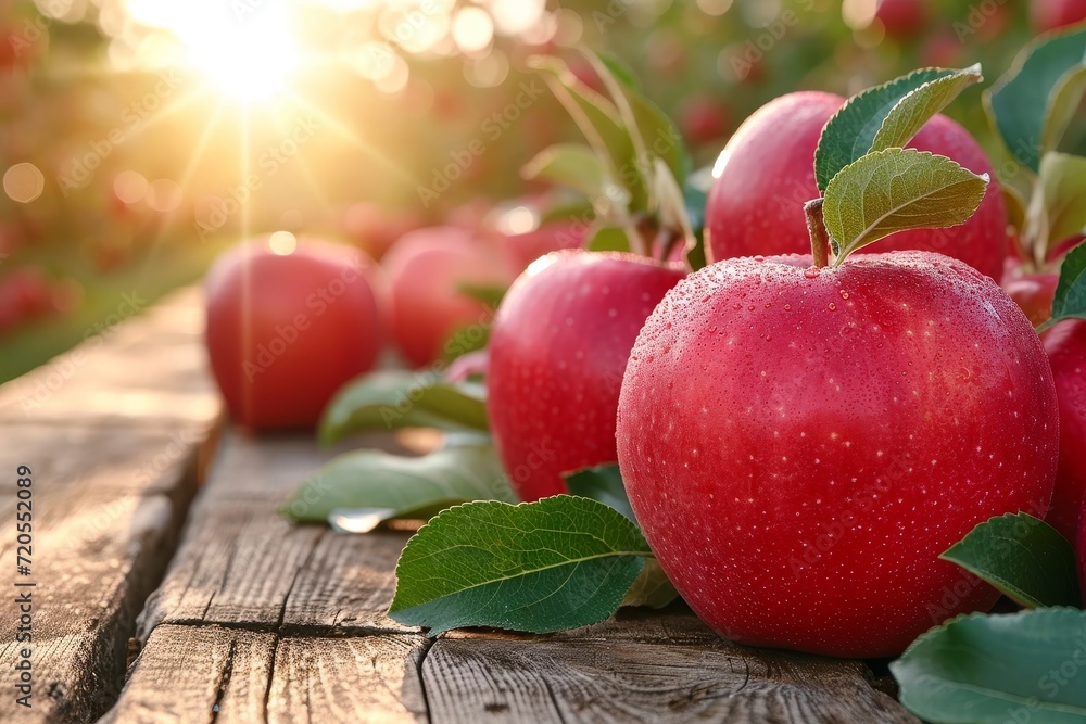 Poster A cluster of vibrant red apples arranged neatly on a rustic wooden table.