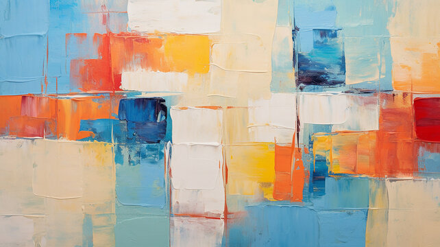 A close shot of the texture of a multi-colored abstract artistic painting in orange and yellow, with an oil brush blow, and the pallet knife paint on the fabric