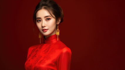 Fototapeta premium Happy Chinese New Year. Asian woman wearing a traditional cheongsam Isolated on red background.
