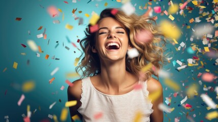 Happy woman laughing with colorful confetti flying around on a colorful background.