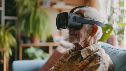 elderly man using VR for entertainment