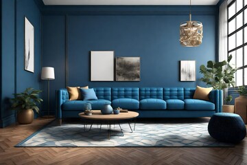 a 3D rendering of a living room interior featuring a blue sofa
