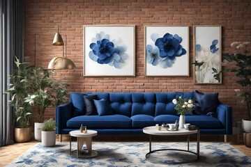 a contemporary living room featuring a deep blue sofa positioned beside a brick wall