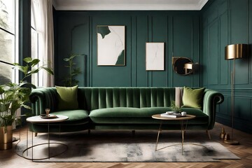a stylish living room interior featuring a luxurious and comfortable green sofa