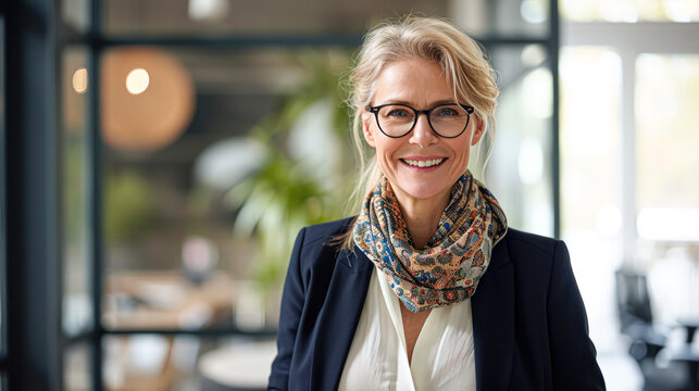 Confident Senior Businesswoman In Modern Office.Smiling Senior Woman With Glasses And Scarf, Professionally Dressed, Standing In A Well-lit Modern Office Environment.