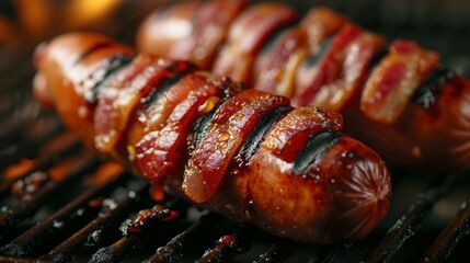 BBQ bacon wrapped hot dog on a grill background - obrazy, fototapety, plakaty