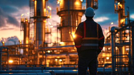 Fototapeta na wymiar Engineer Overlooking Nighttime Industrial Plant.A male engineer in safety gear is standing with his back to the camera, observing the operations of a large industrial plant at night.
