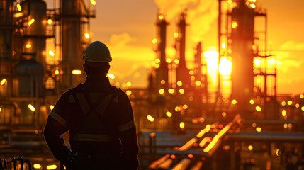 Obraz premium Engineer Overlooking Nighttime Industrial Plant.A male engineer in safety gear is standing with his back to the camera, observing the operations of a large industrial plant at night.