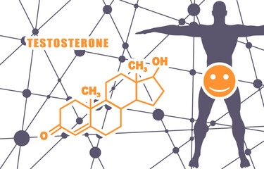 Chemical molecular formula of human hormone testosterone. Silhouette of man. Connected lines and dots background