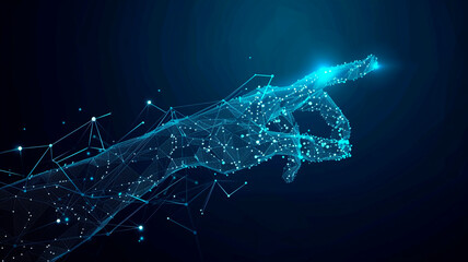 An abstract image of a digital hand appears on a bright blue technological background consisting of interconnected lines, dots and triangles. advances in internet technology. Generative AI