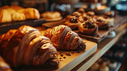 Chocolate filled Croissant against a patisserie display