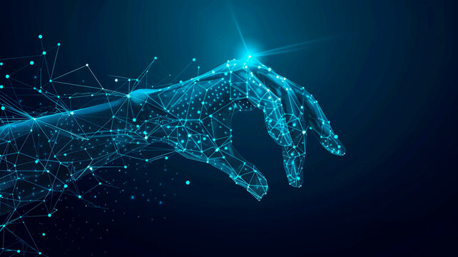 An abstract image of a digital hand appears on a bright blue technological background consisting of interconnected lines, dots and triangles. advances in internet technology. Generative AI