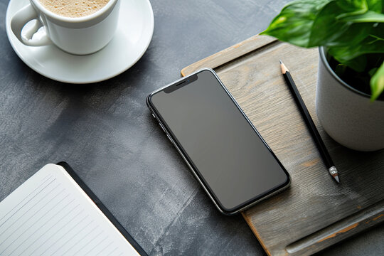 Eine elegante, zeitgenössische Büroschreibtischansicht, ein Smartphone, Kaffeetasse, Notizblock und Bleistift auf einem Marmorhintergrund