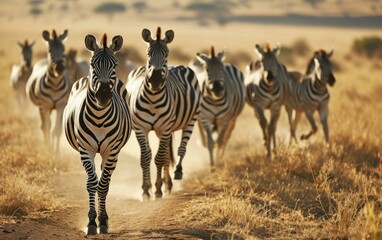 zebra herd on the move against savannah backdrop
