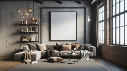 Frame mockup in living room loft, industrial style ,3d render