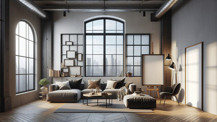 Naklejka na ściany i meble Frame mockup in living room loft, industrial style ,3d render