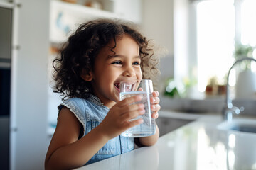 A small child drinks fresh Water in the Kitchen in close-up, a cute preschool child holds a glass of pure mineral water, enjoying a healthy lifestyle and the concept of refreshment © Irina
