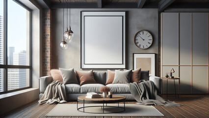 Frame mockup in living room loft, industrial style ,3d render