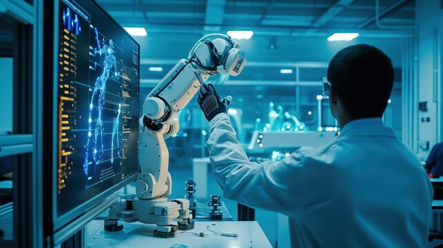 work of a robotics engineer with robotics arm in a lab