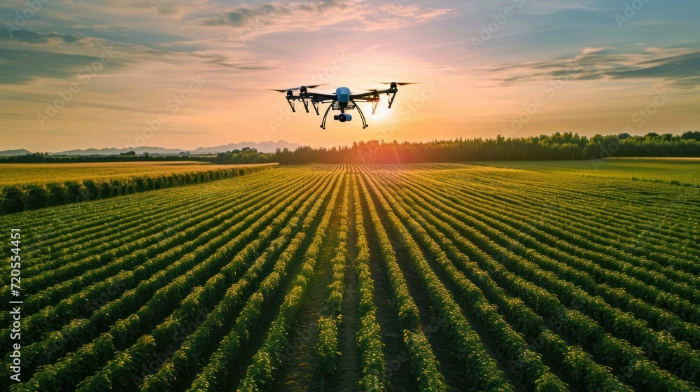 Poster shot of agricultural drones in action, hovering above vast fields to monitor crop health