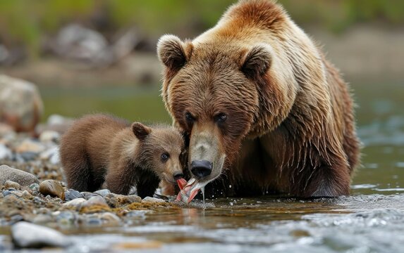 A young grizzly bear copying its parent way of fishing by the river