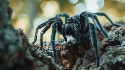 Forest Predator: Deadly Funnel-Web Spider, Captured in a Close-Up Shot, Crawls on a Tree Branch, Unveiling Its Large Fangs and Black, Venomous Appearance in the Heart of the Forest.




