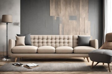 fabric sofa in a modern setting. Visualize a stylish beige sofa complementing a modern apartment's living room,