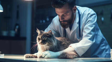 A veterinarian performs an ultrasound of a cat using modern equipment with innovative technologies...