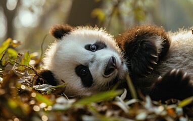 panda cub rolling playfully on the forest floor