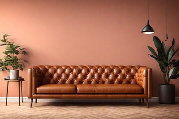 an AI prompt for a bright-toned living room wall mockup featuring a leather sofa and leather armchair