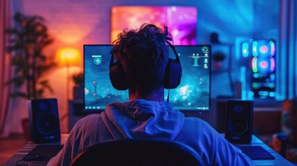 Young man wearing headphones playing computer game, winner. Male gamer looking at computer monitor. Cybersport, gaming club. Guy record live stream. Pink neon light. Cyber sport. Professional player. - obrazy, fototapety, plakaty