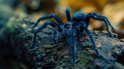 Forest Predator: Deadly Funnel-Web Spider, Captured in a Close-Up Shot, Crawls on a Tree Branch, Unveiling Its Large Fangs and Black, Venomous Appearance in the Heart of the Forest.




