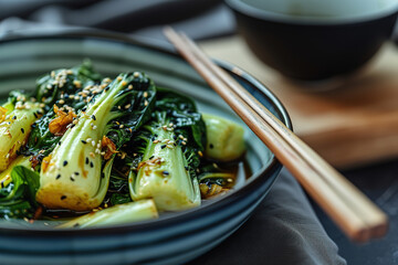 Chinese fried Pak Choi with garlic, sesame seeds. Healthy food. Image for cafe and restaurant menus - obrazy, fototapety, plakaty