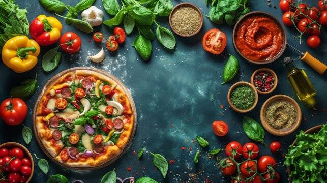 This image captures a loaded pizza with a rich variety of toppings, positioned on a dark background that provides a versatile frame with space for custom text.