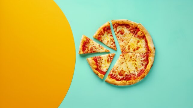Half-eaten cheese pizza on a striking yellow and turquoise background, offering generous copy space on the left for culinary banners or menu designs - Powered by Adobe