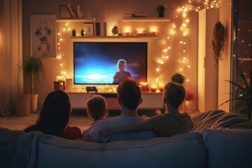 a family sitting in front of a huge flat screen television in the living-room in the evening watching a movie spending leisure time together - obrazy, fototapety, plakaty