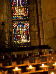 Obraz premium Stained glass windows of Gothic Collegiate church of Santa María, Navarra, Roncesvalles, Spain.