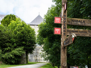 Gothic collegiate church of Santa María de Orreaga from the 12t, Navarra, Roncesvalles, Spain.