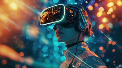 person wearing a headset and interacting with a virtual space - obrazy, fototapety, plakaty
