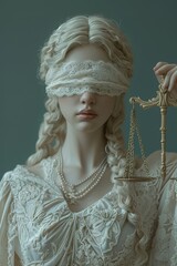  Photograph of lady justice, white lace band over her eyes, scale in her hand. Human version